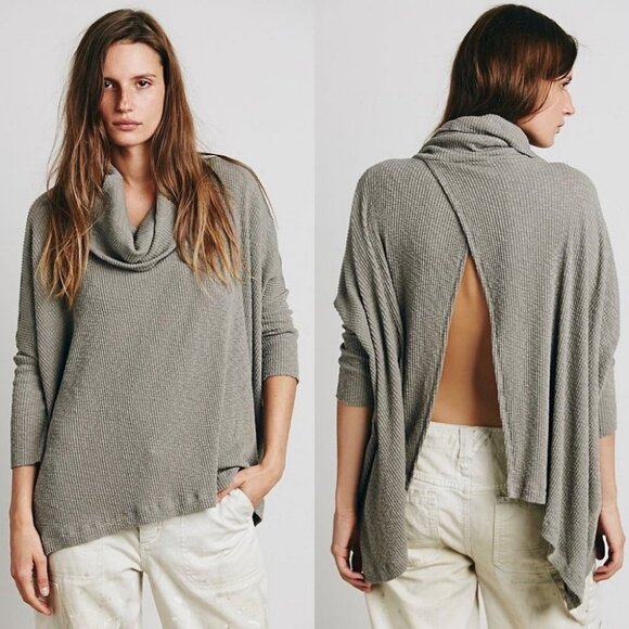 Free People World Traveler Waffle Knit Turtleneck Sweater Grey Size Medium Boho‎ - Picture 1 of 12